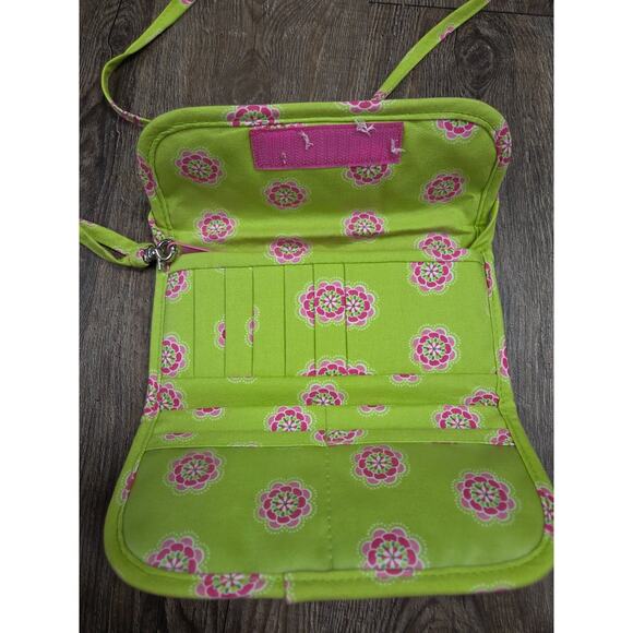 Stephanie Dawn Vintage Bright Neon Green Hot Pink Fabric Crossbody Purse Wallet - Picture 3 of 7